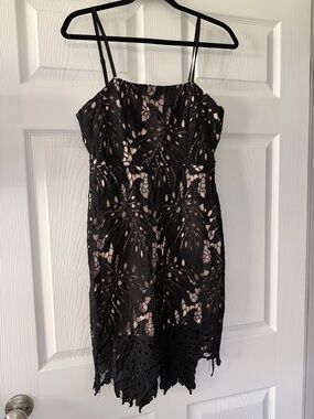 Black Lace Overlay Slip Dress with Nude Underlay